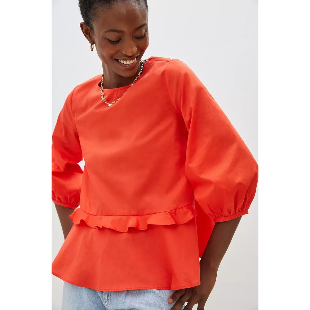 Anthro Harshman Arpina Women's Blouse Cotton Peplum Puff Sleeve Tie Back NWT